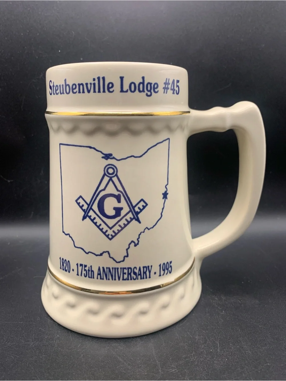 Vintage Steubenville Ohio Masonic Mason Lodge #45 175th Anniversary Mug Stein